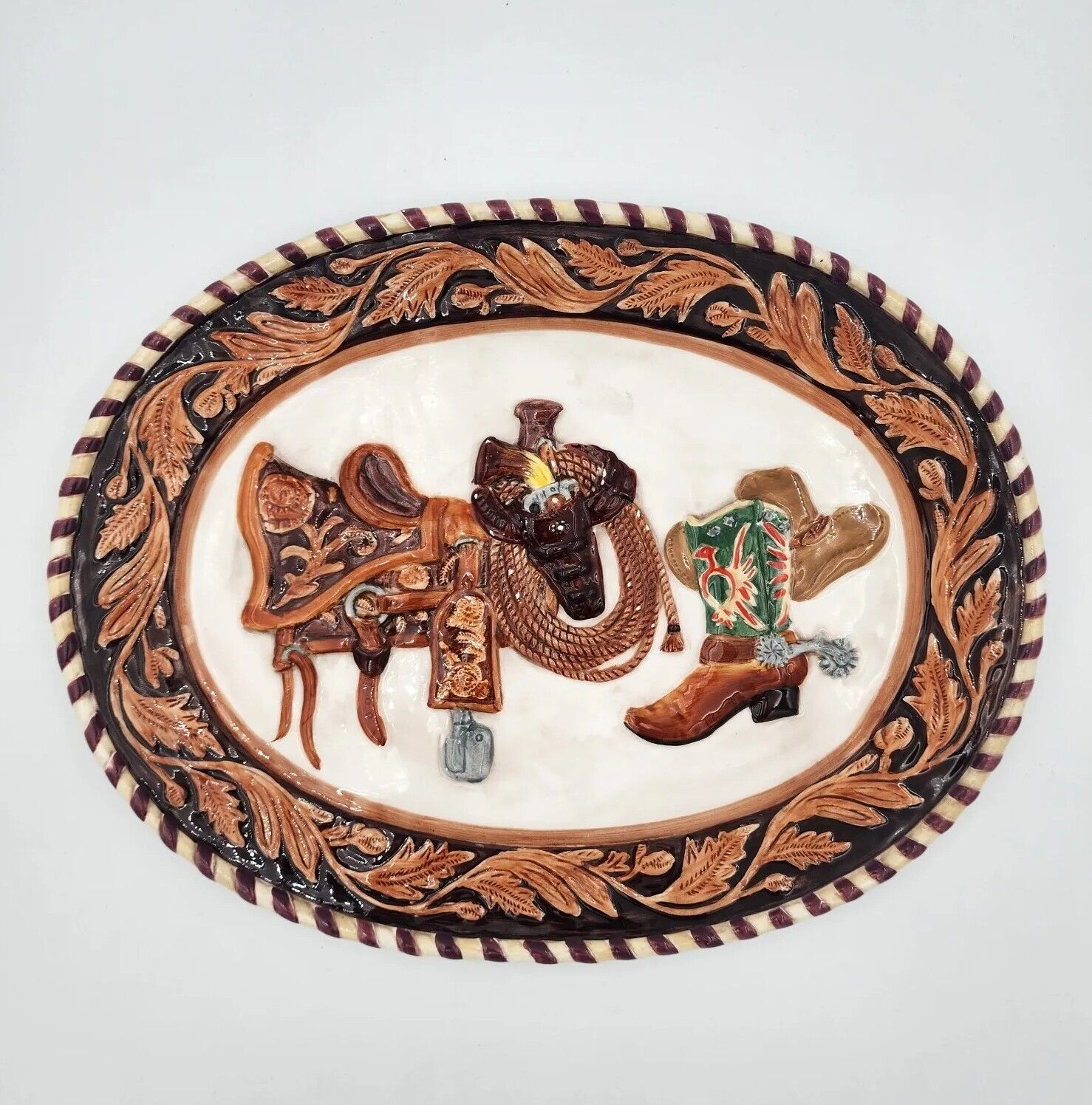 Vintage Collectible Ceramic Platter Western Rodeo Cowboy Design Oval SW 16”X13”