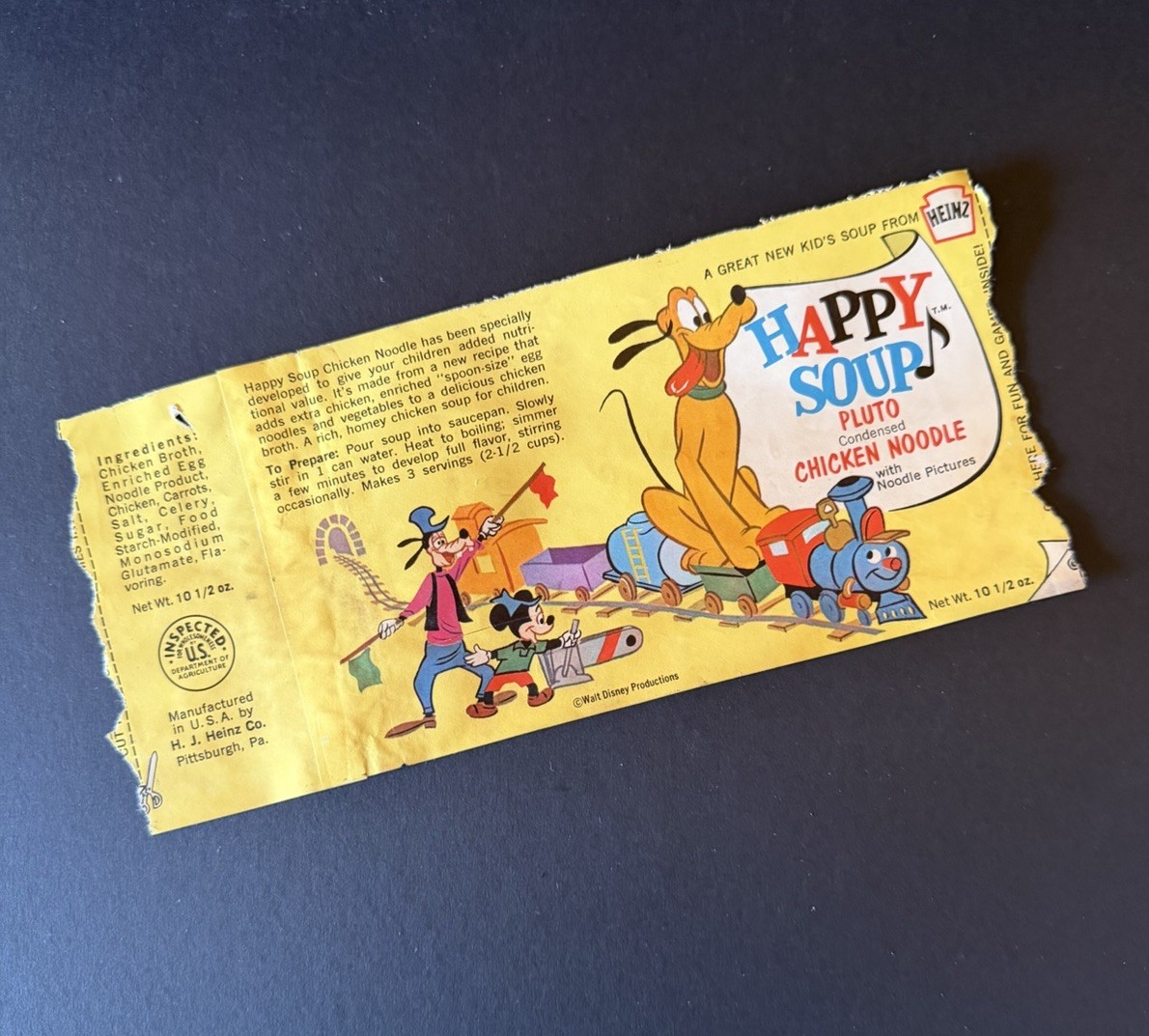Vintage 1960s Disney Heinz Happy Soup PLUTO CHICKEN NOODLE Yellow Food Can Label