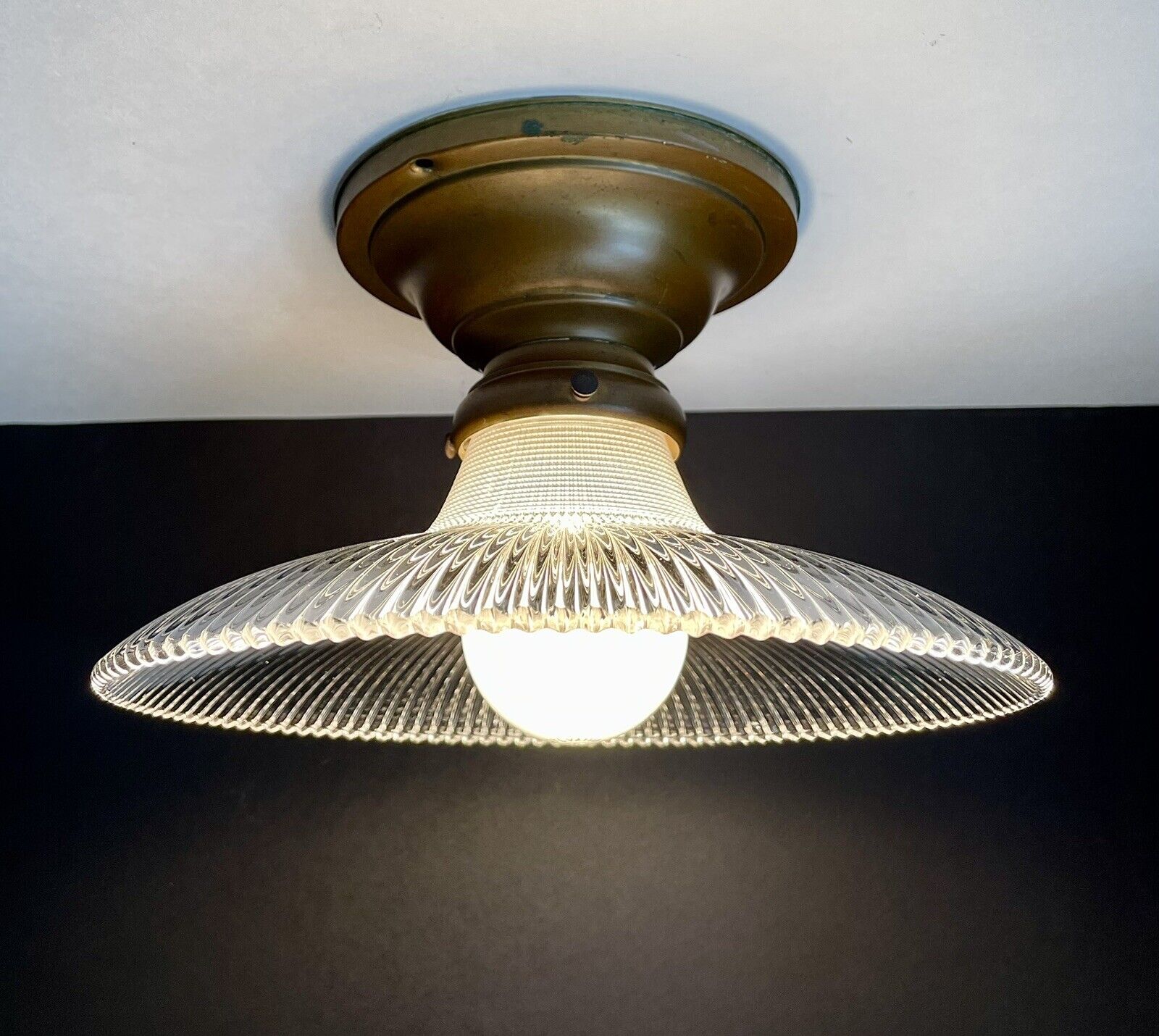 Antique Holophane Commercial Brass Ceiling Light Fixture Ribbed Round Prismatic