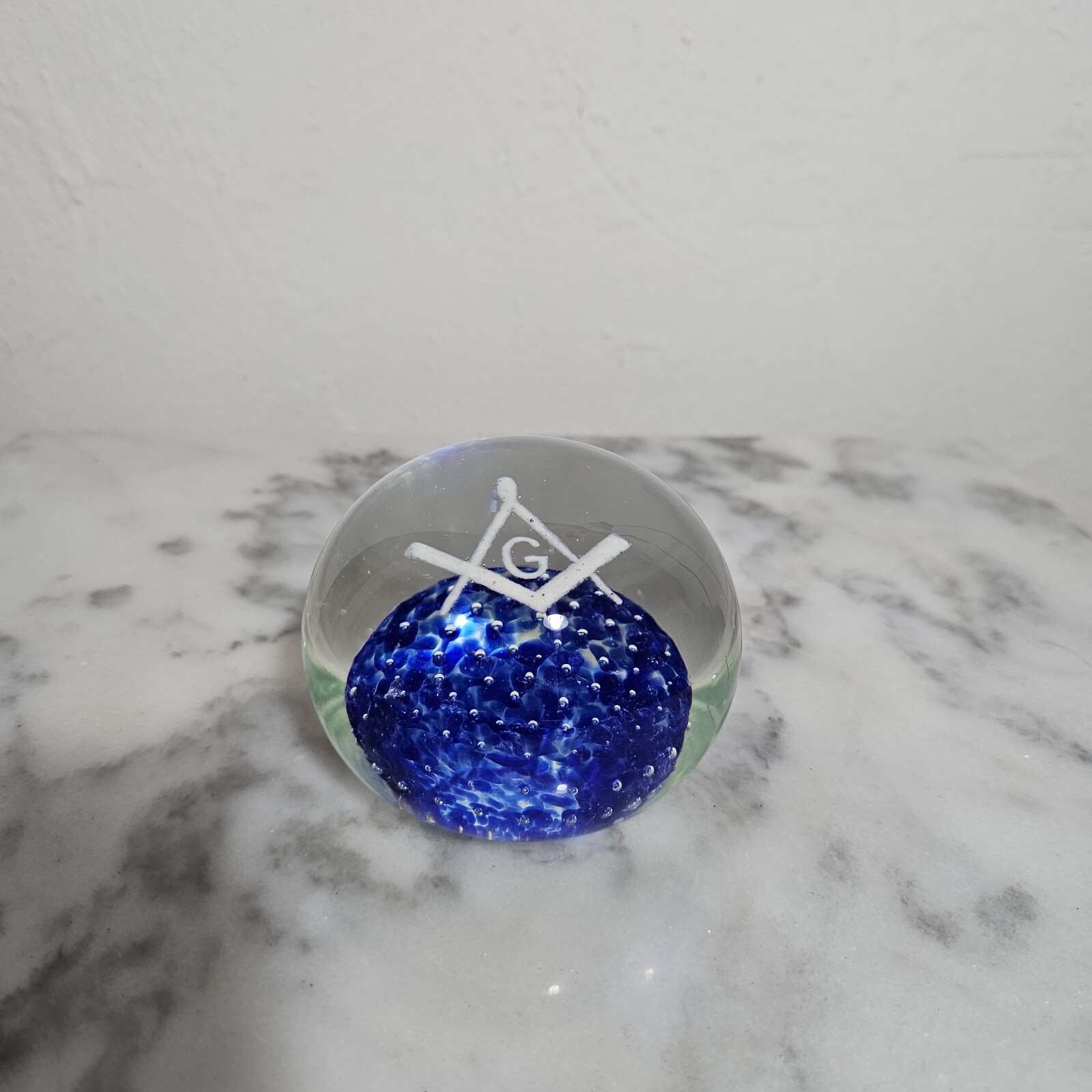 Vintage Cobalt Blue w/Bubbles Masonic Symbol Clear Glass  Paperweight