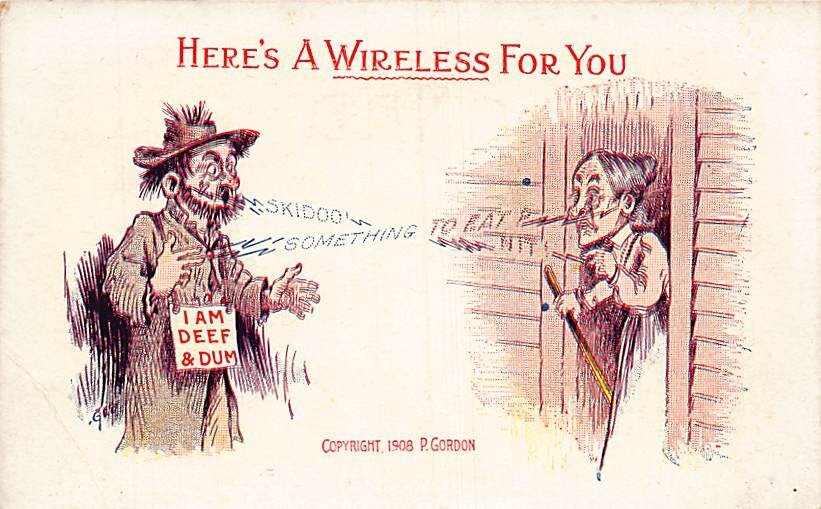 Postcard: Here's a Wireless for You - Hobo and Old Lady, 1908 P. Gordon, Humor