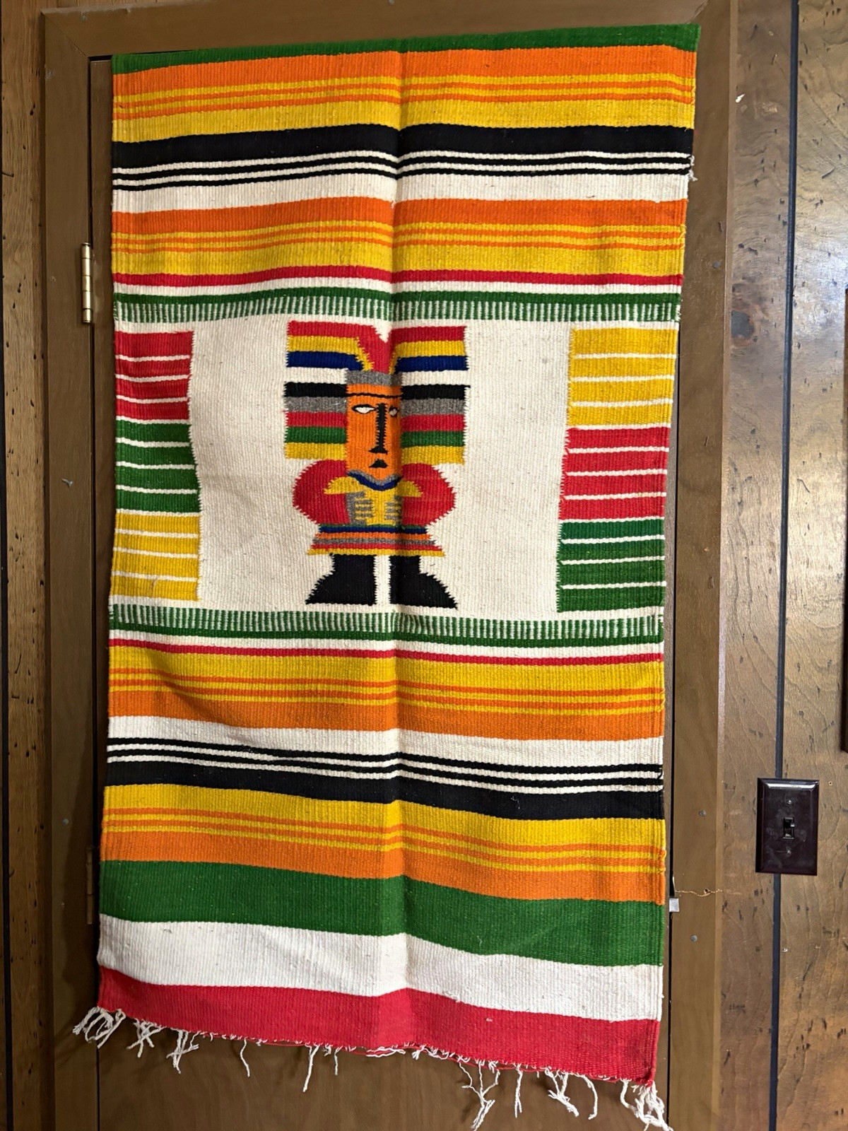 Antique Vintage Mexican Serape Woven Textile Blanket/Rug Fringe, Central Figure