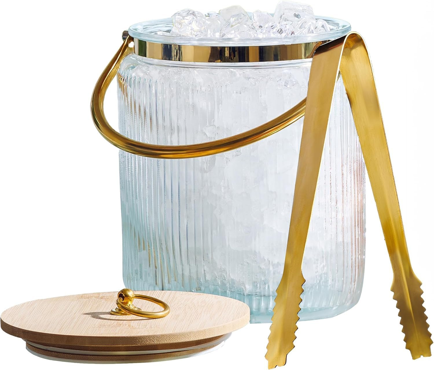 Le\'Raze Glass Ice Bucket with Airtight Lid, Tong Scooper and Handle - 3L Ribbed