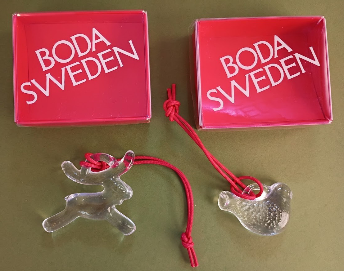 Vintage Kosta Boda Reindeer and Dove Glass Ornaments, Made in Sweden