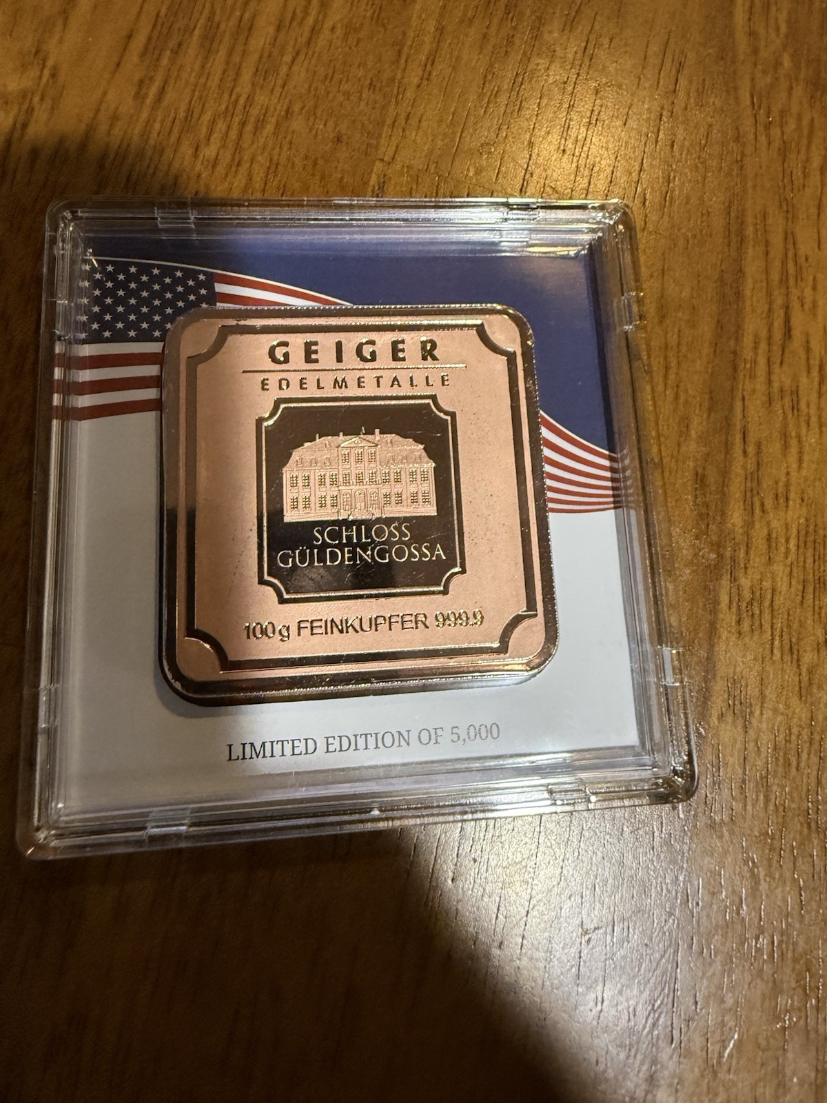 Geiger Edelmetalle Schloss Güldengossa 100g 999.9 Fine Copper Bar Limited 5000