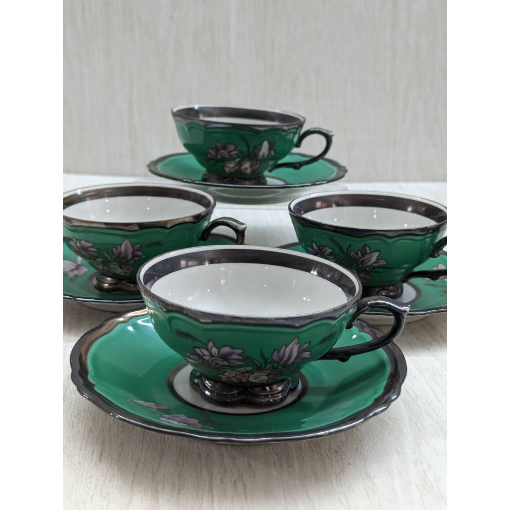 Vintage RW Bavaria Cup & Saucer Porcelain Floral Green White Set of 4 Germany