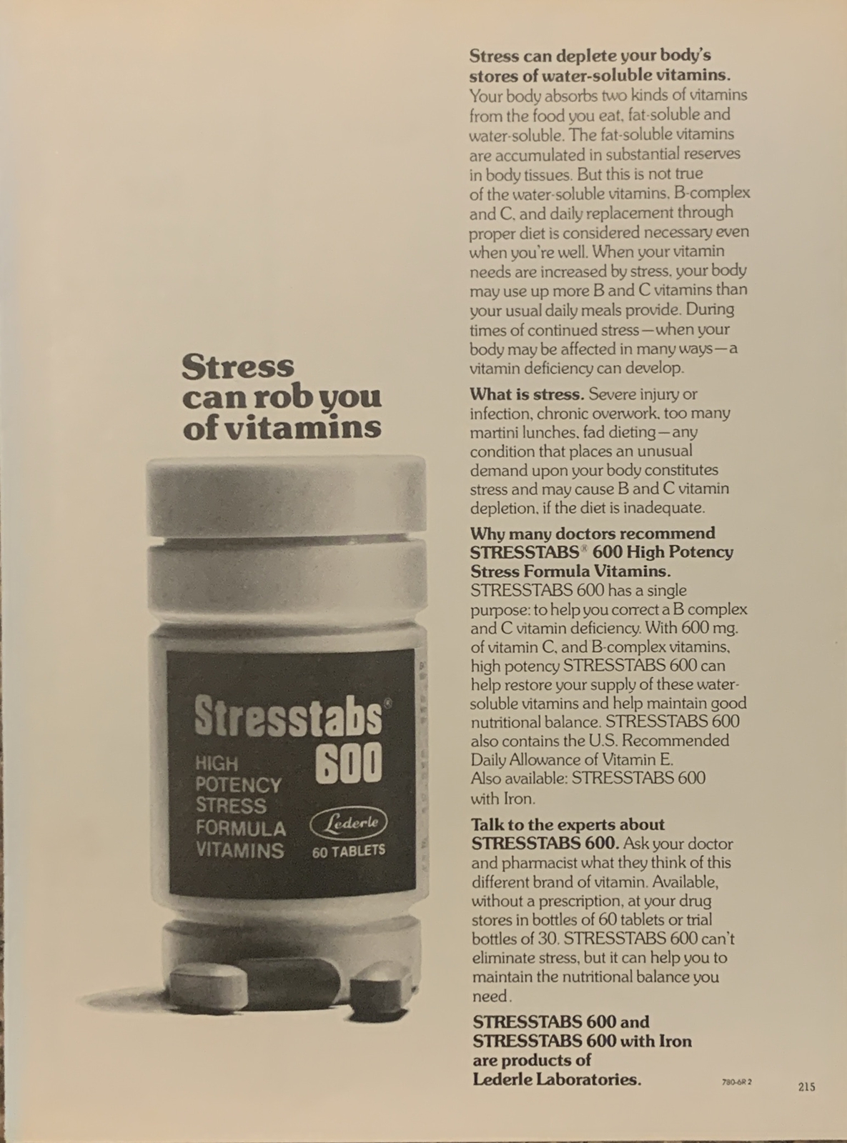 1979 Stresstabs 600 High Potency PRINT AD Stress Can Rob Vitamins VTG 1970s