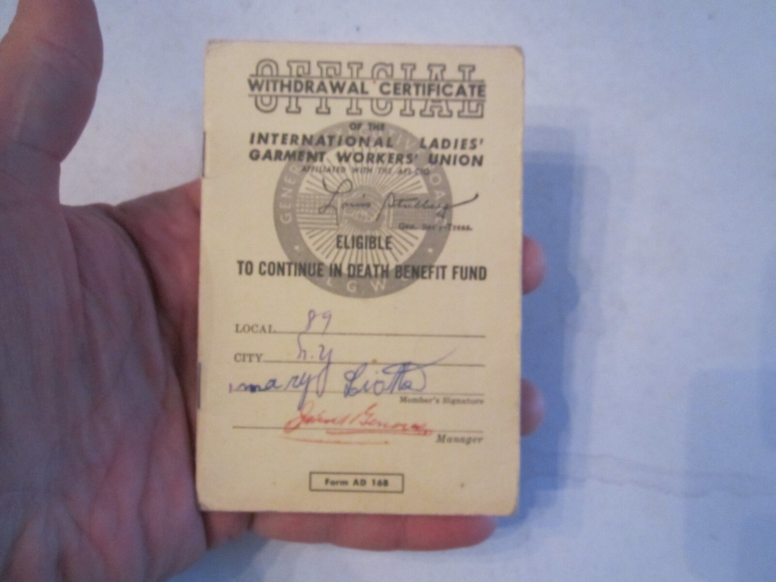 1967 INTERNATIONAL LADIES\' GARMENT WORKER\'S UNION WITHDRAWAL CERTIFICATE - BBA-9