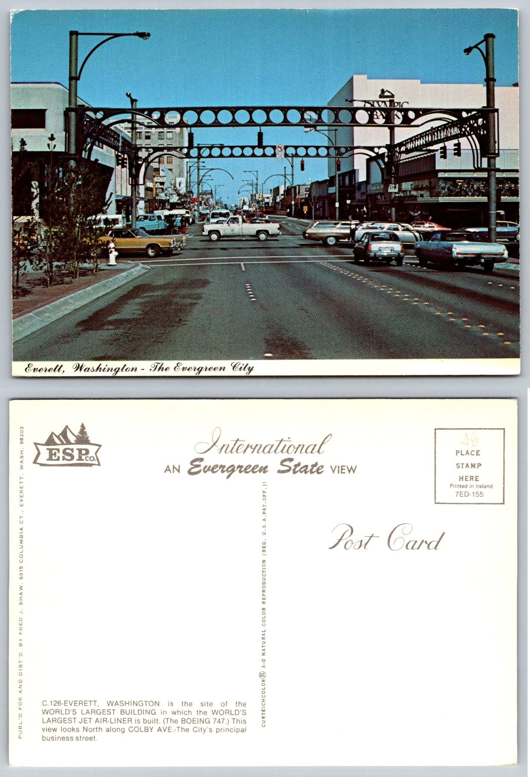 Vintage Everett WA Postcard Colby Ave Business Street Boeing 747 Site ESP.Co