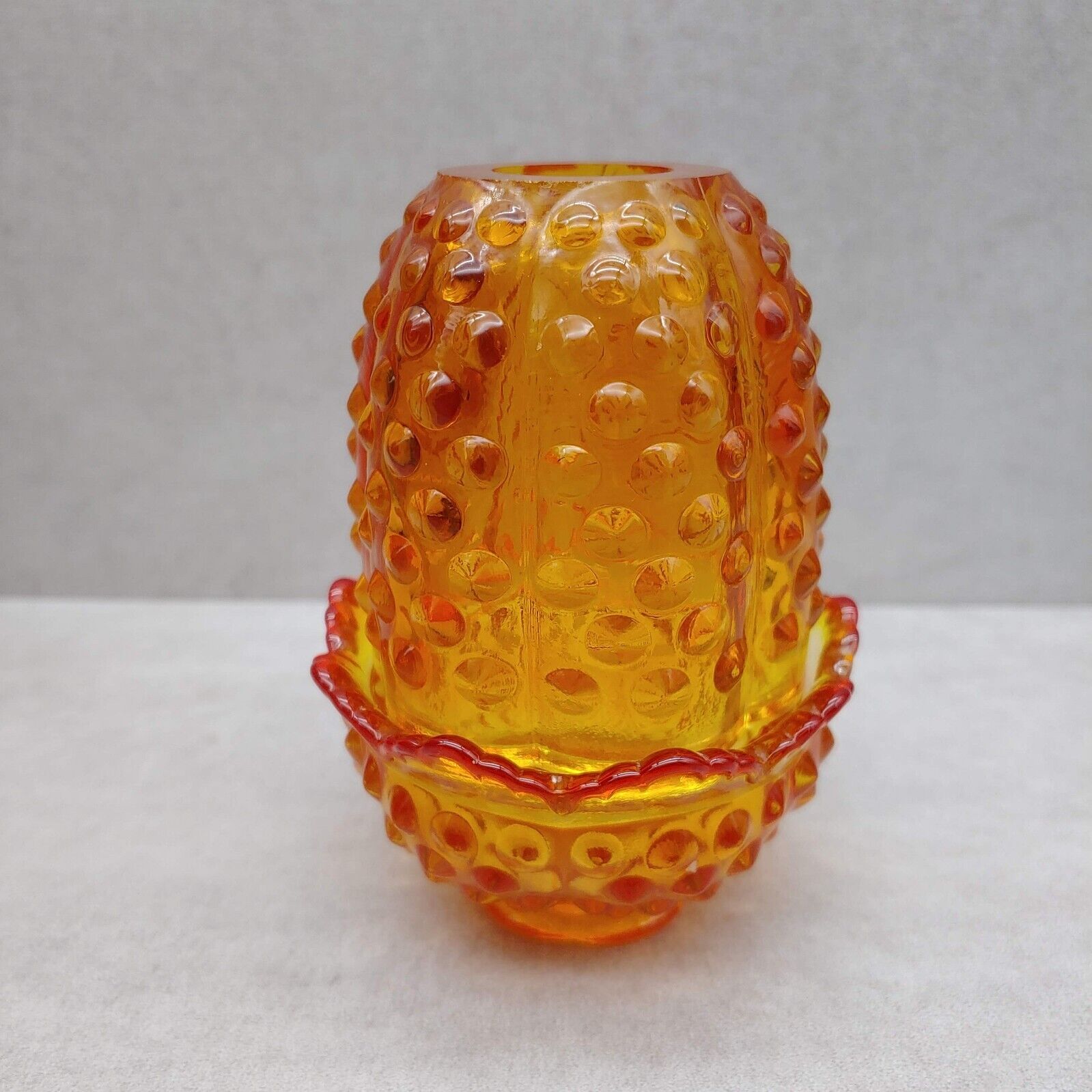 Vintage Fenton Art Glass Hobnail Fairy Light Lamp Amberina Orange