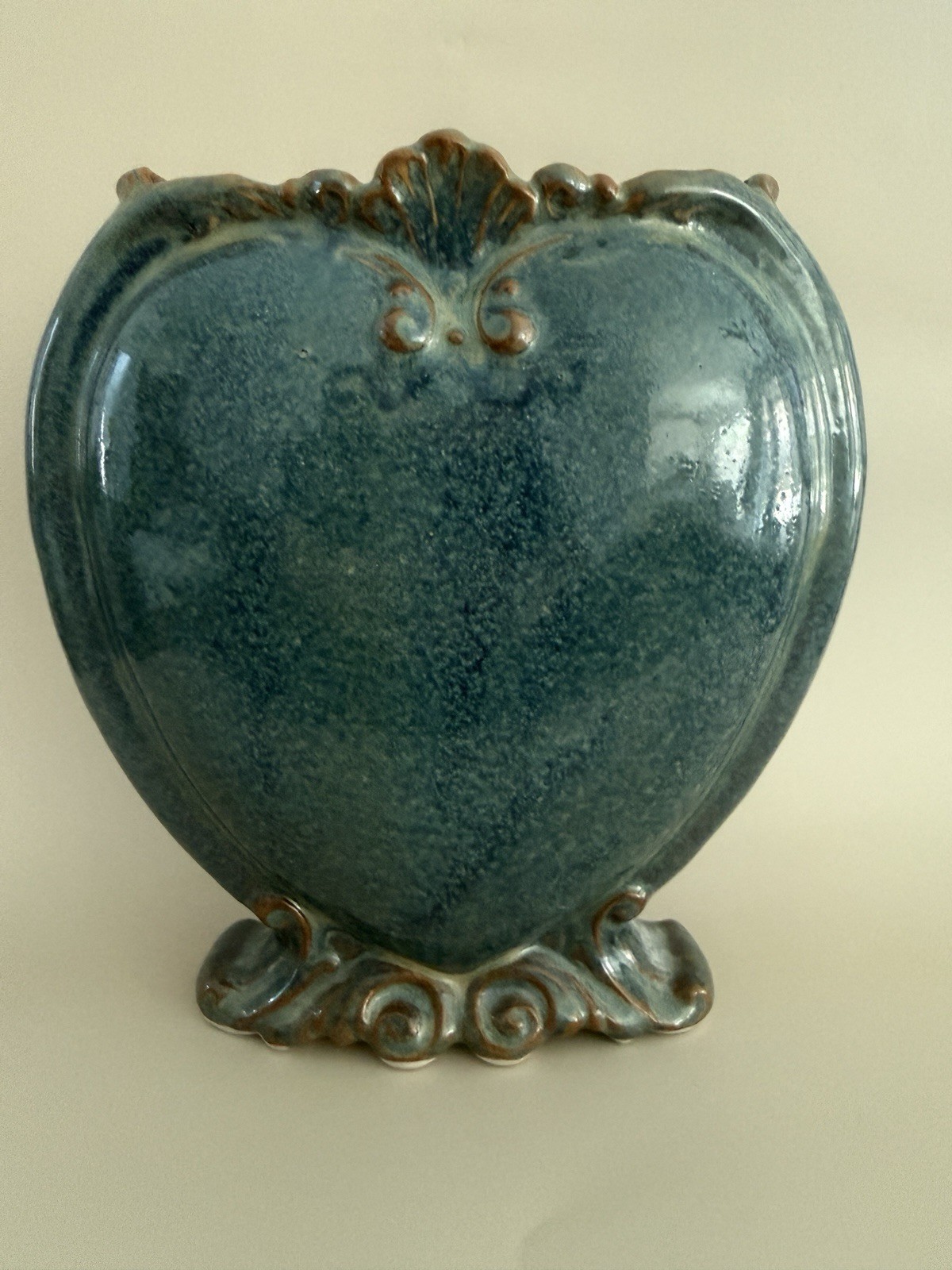 Vintage Ceramic Blue-Green Art Nouveau Style Heart Shaped Vase