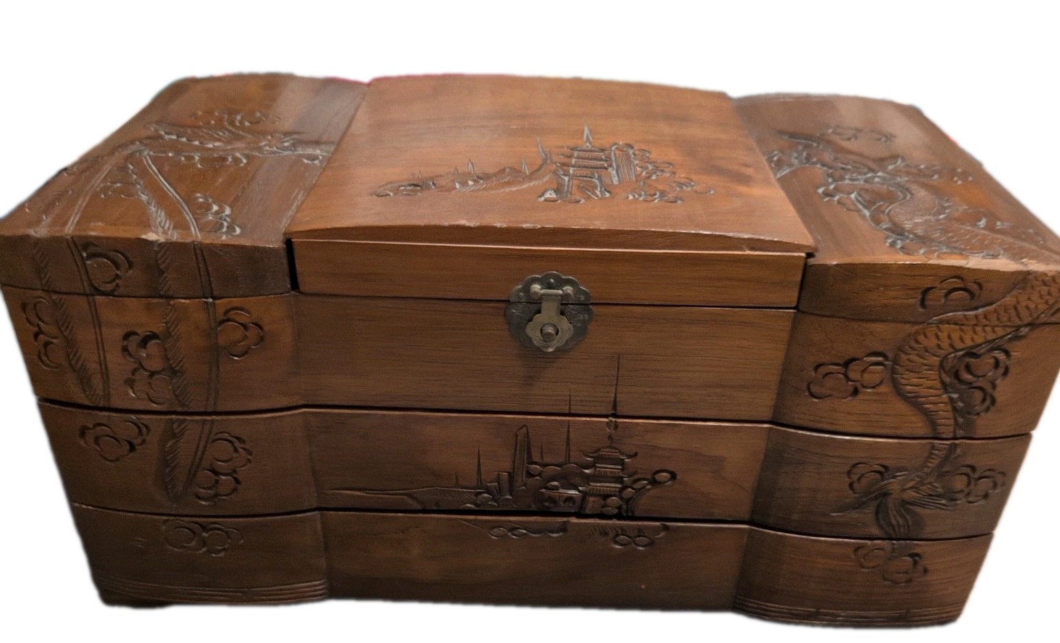 Vintage Hand Carved Asian Wood Jewelry Box, 3 Fold Opening And Closure