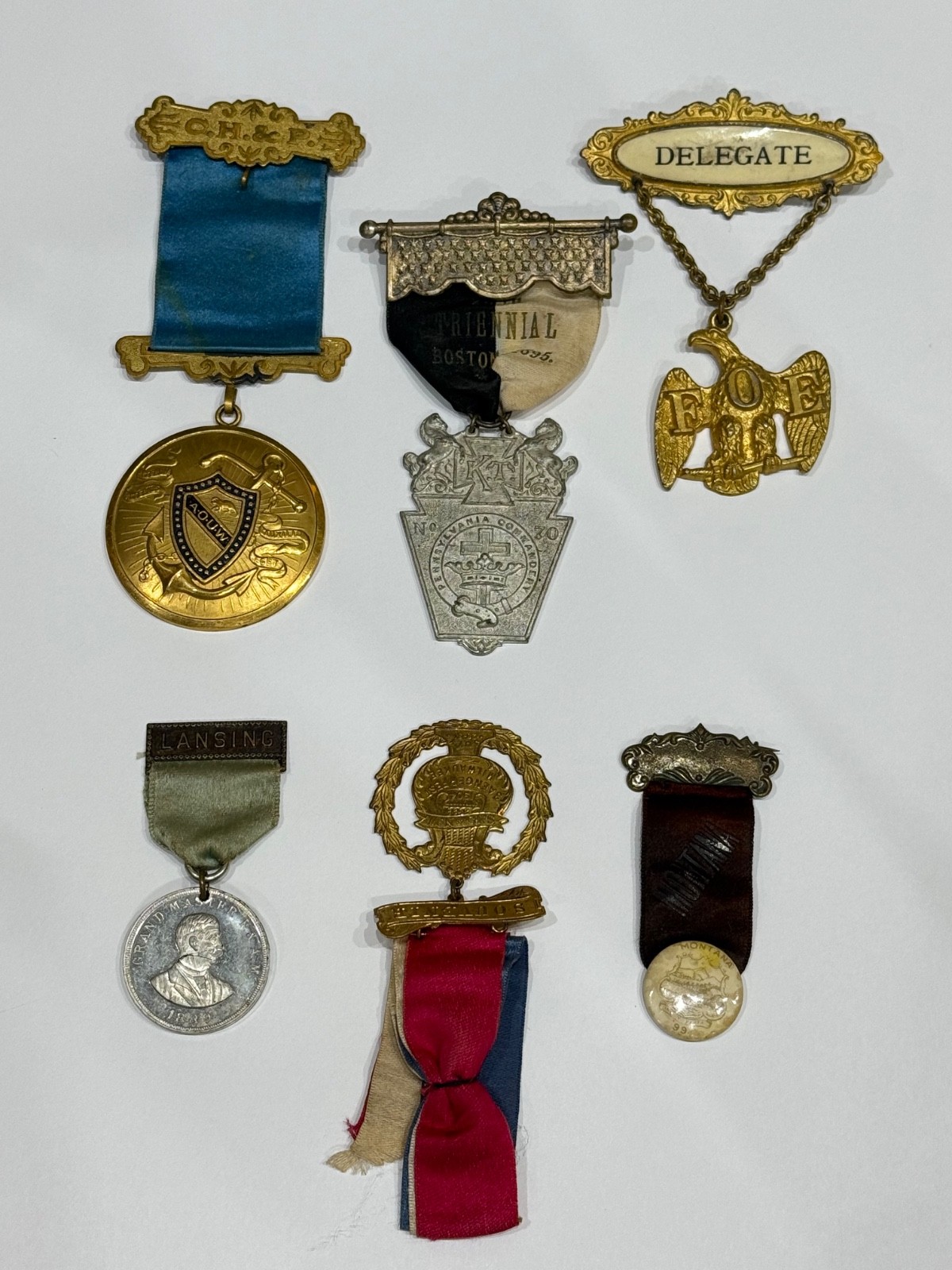 6 ANTIQUE FRATERNAL LODGE CONVENTION MEDALS 1893 1894 1896 1935 FOE MICHIGAN