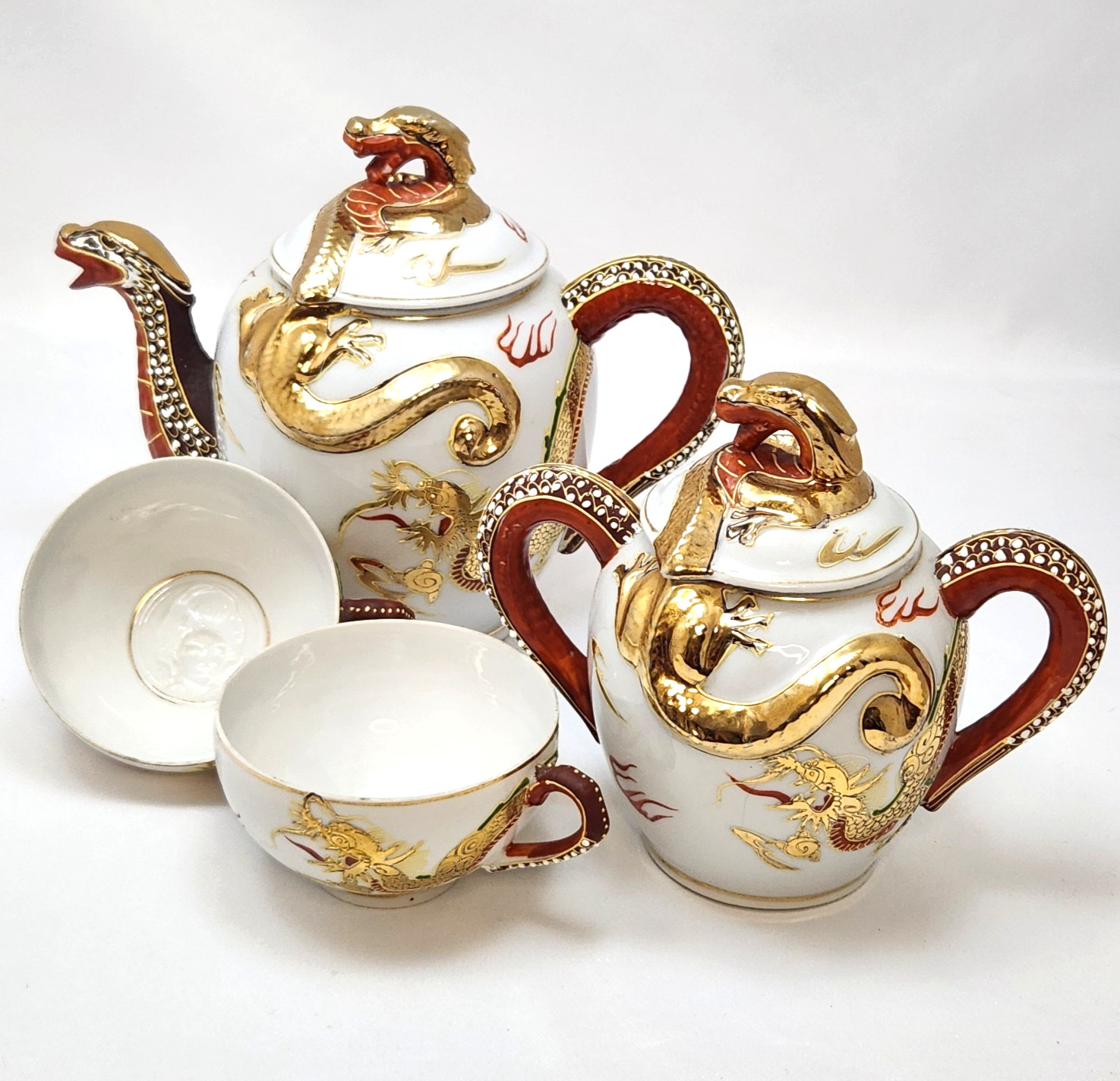 Set Vintage Japanese Moriage Dragonware Tea Pot Creamer 2 Cups w Geisha Face
