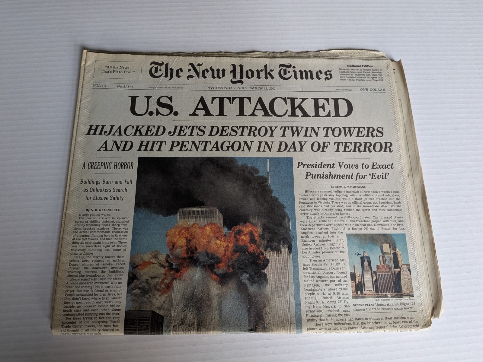 Original & Complete New York Times Newspaper - September 12, 2001, U.S. ATTACKED