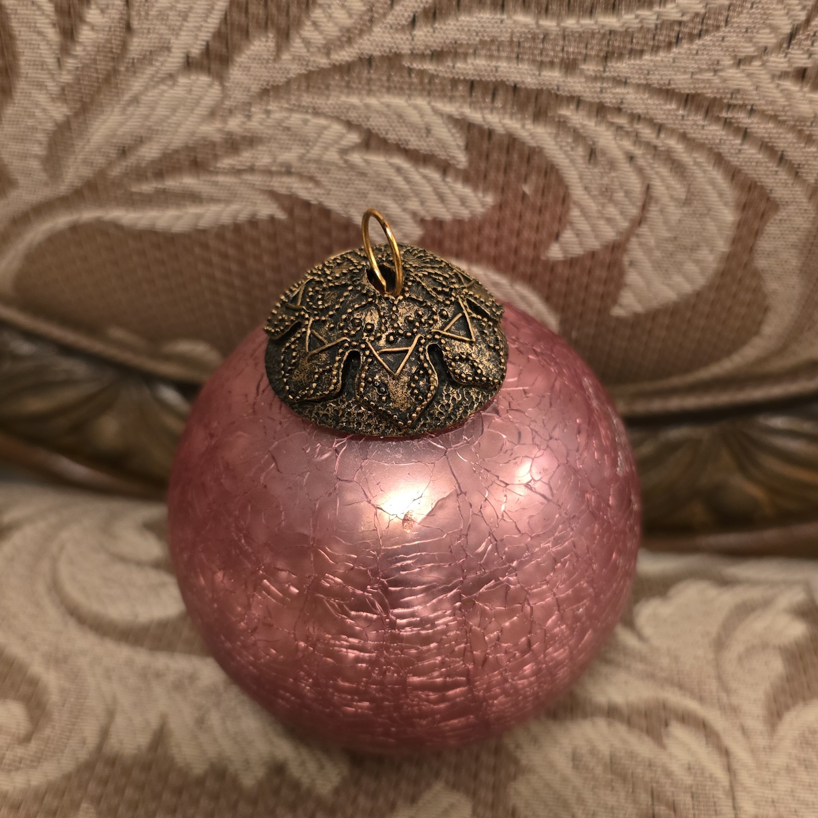 Lovely Deep Rose Pink Heavy Glass Crakle Kugel With Delicate Brass Cap Lovely Deep Rose Pink Heavy Glass Crakle Kugel With Delicate Brass Cap
