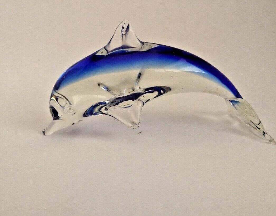 New clear glass dolphin cobalt blue top paperweight 