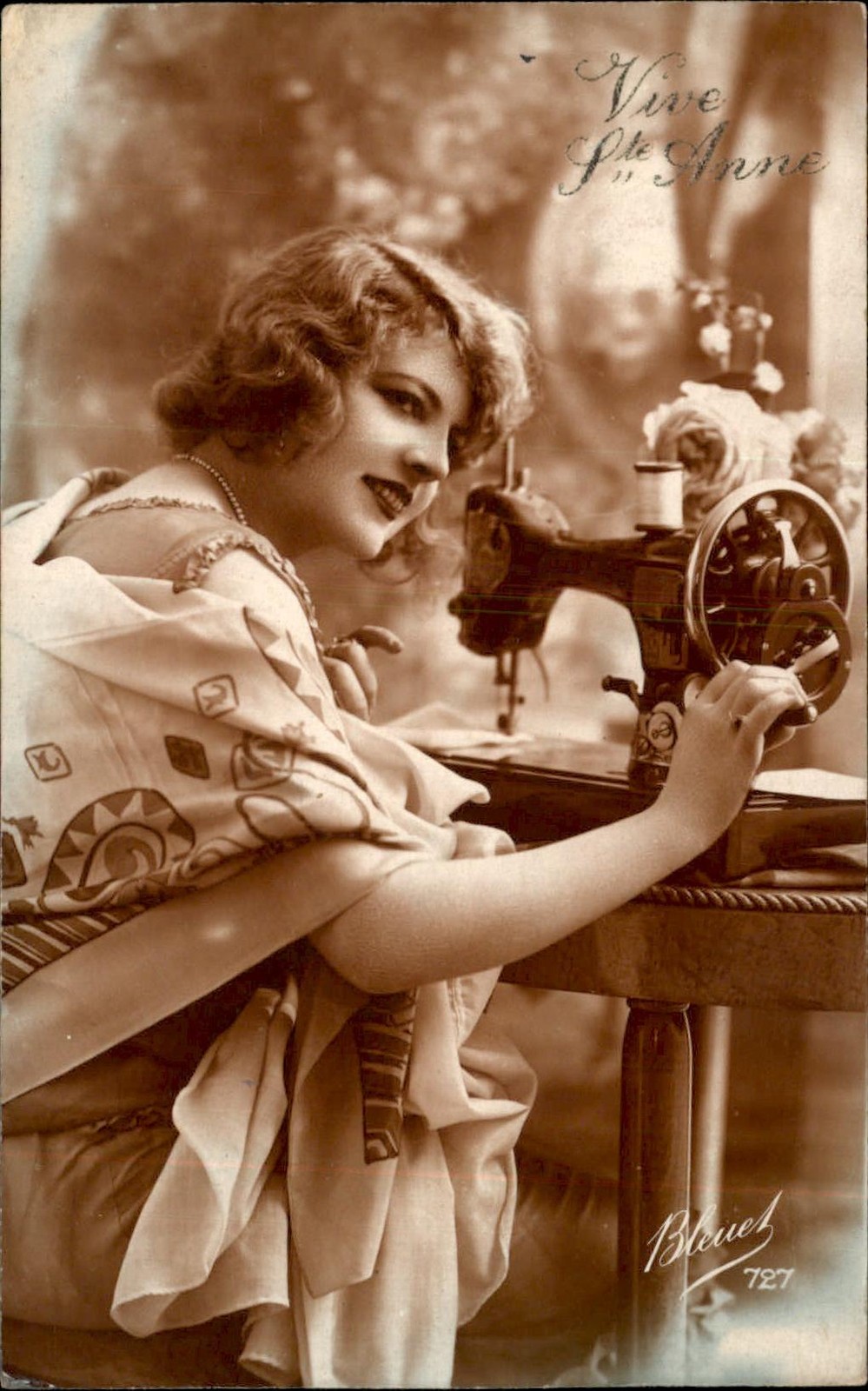 Beautiful Woman Sewing Machine Art Deco Fashion c1915 Sepia Real Photo Postcard