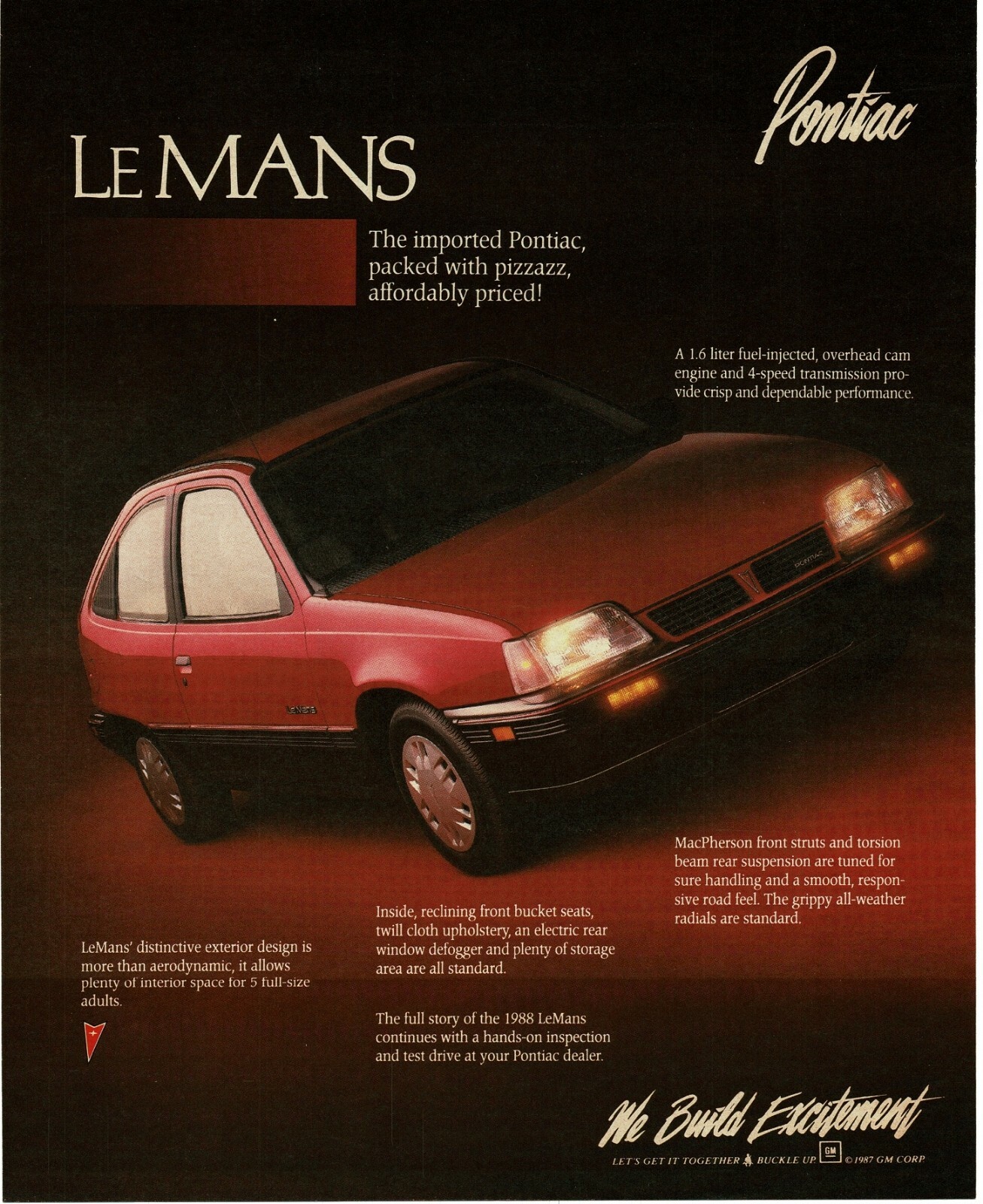 1987 PONTIAC Le Mans red 2-door hatchback Vintage Print Ad