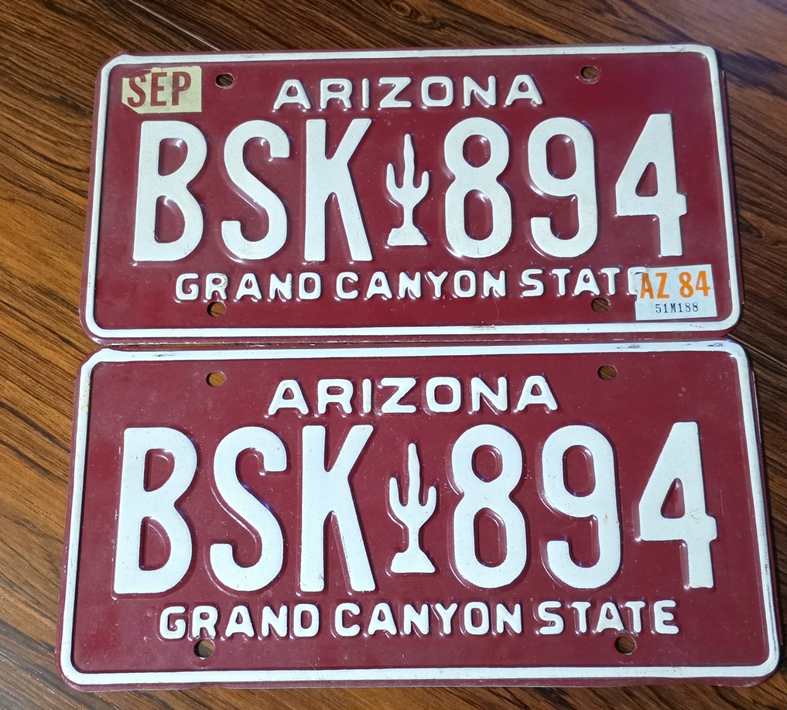 VTG Pair Arizona License Plates Maroon Cactus BSK 894 Matched Set YOM DMV