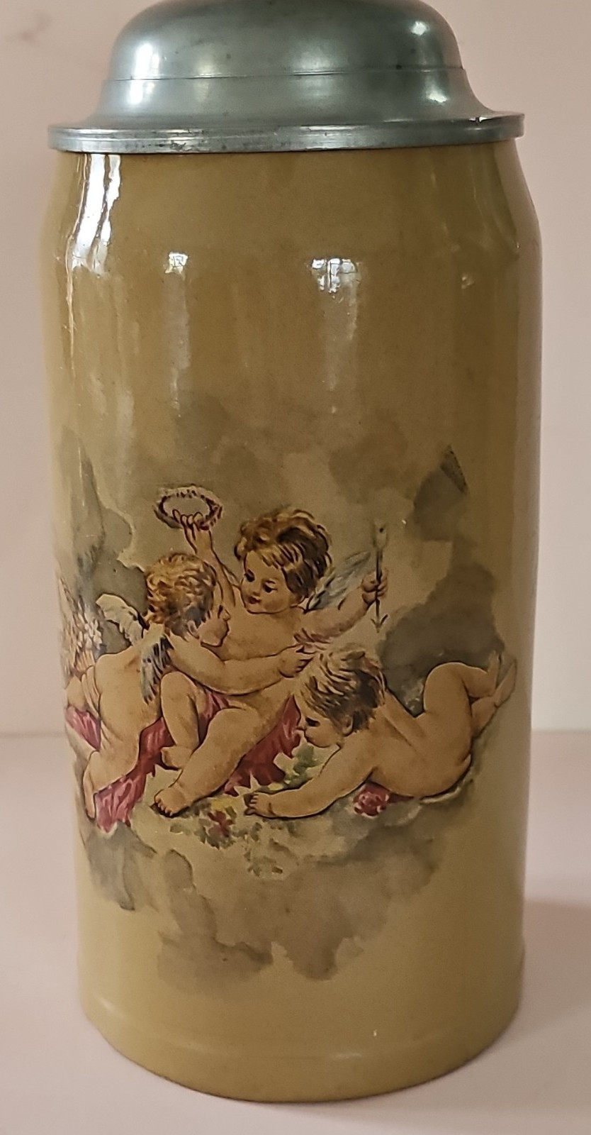 Mettlach German Transfer 1L Lidded Beer Stein w/ Cherub Design Villeroy and Boch