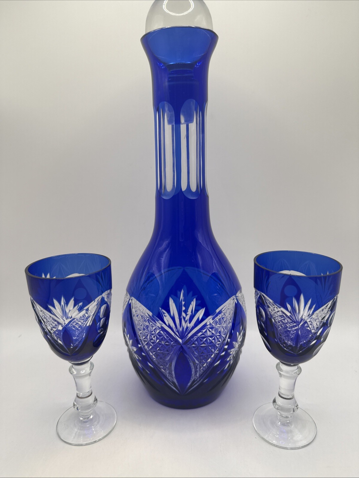 Vintage Cobalt Blue Cut to Clear Glass Decanter Stopper 2 Goblets Bohemian Style
