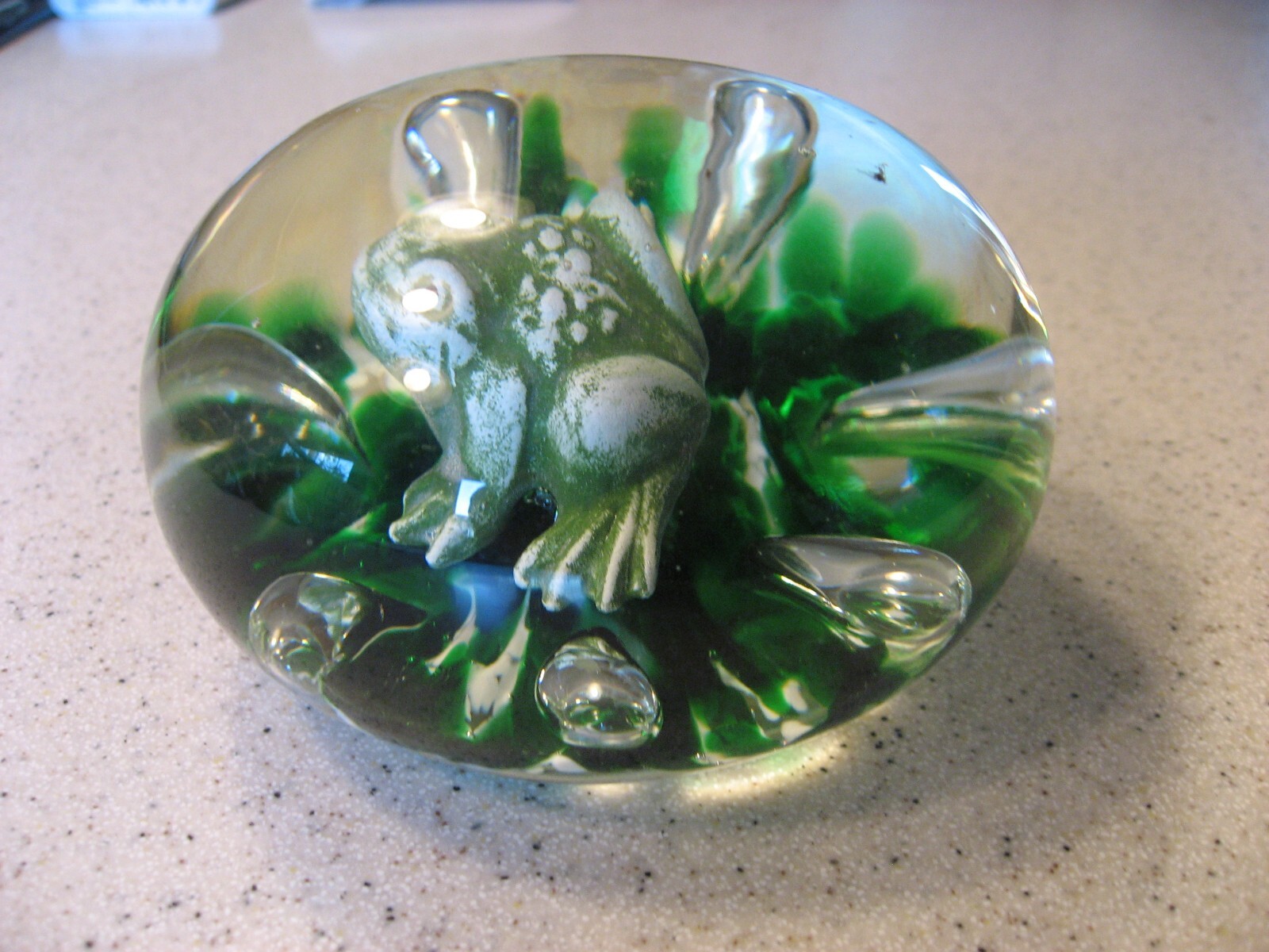 Vintage 1971 Maude and Bob St. Clair Glass Paperweight with Frog and Lilypad