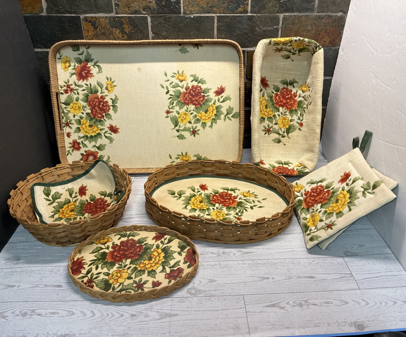 Vintage Villeroy & Boch Summerday Floral Wicker Basket Tray Set 7 Pc