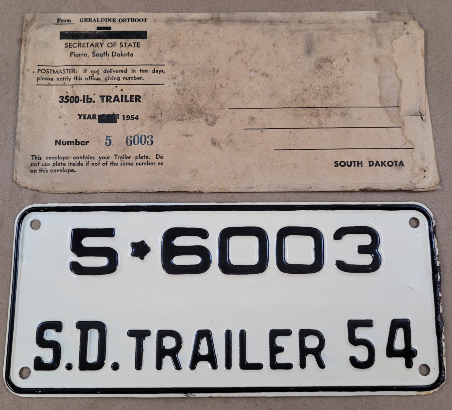 New NOS 1954 South Dakota S.D. Trailer 5*6003 License Plate 9\