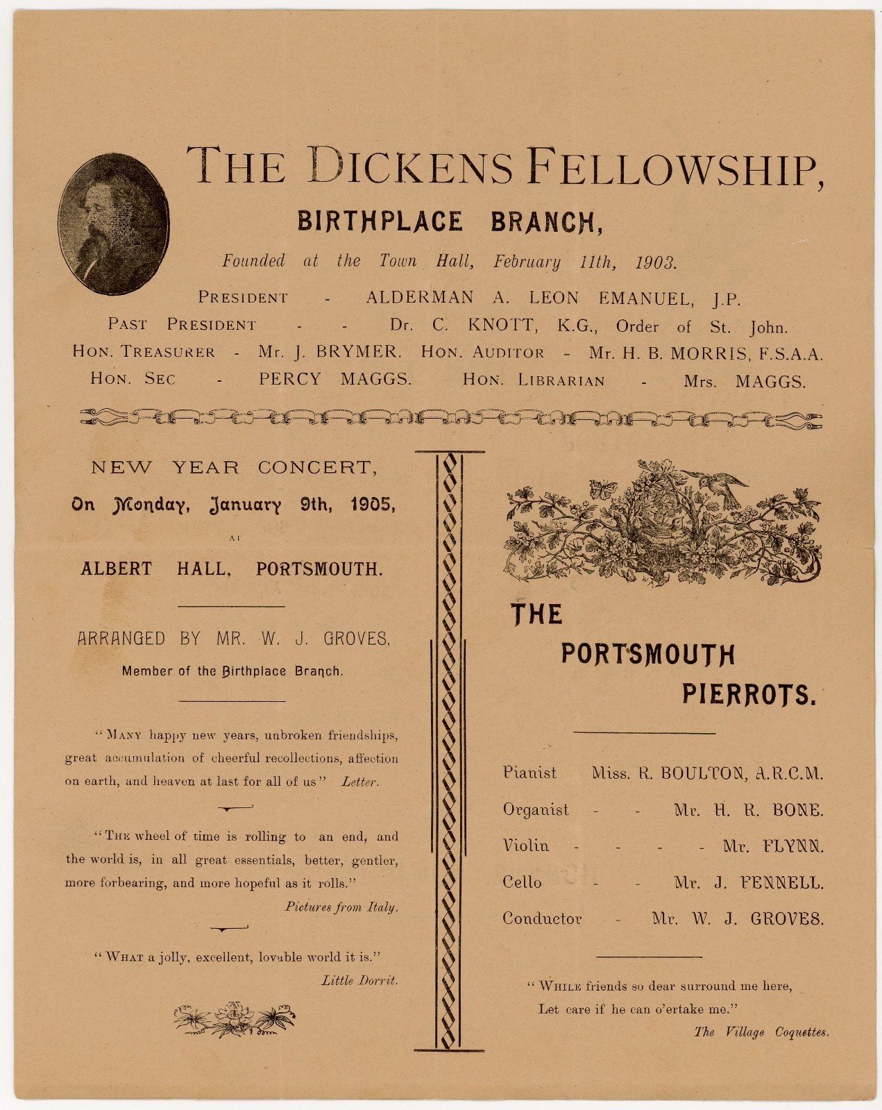 1905 Dickens Fellowship Portsmouth Concert Programme Birthplace Branch Ephemera