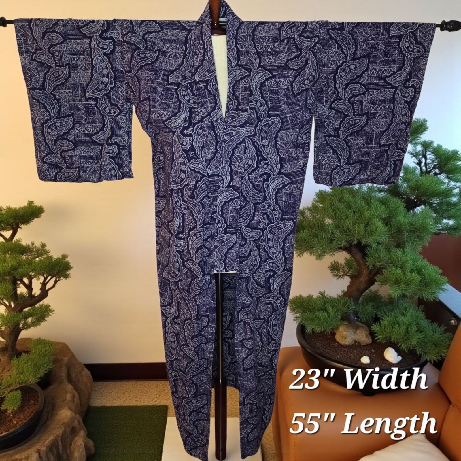 Japanese Kimono Men\'s/Women\'s Navy/White Leaves Cotton Traditional Design VTG