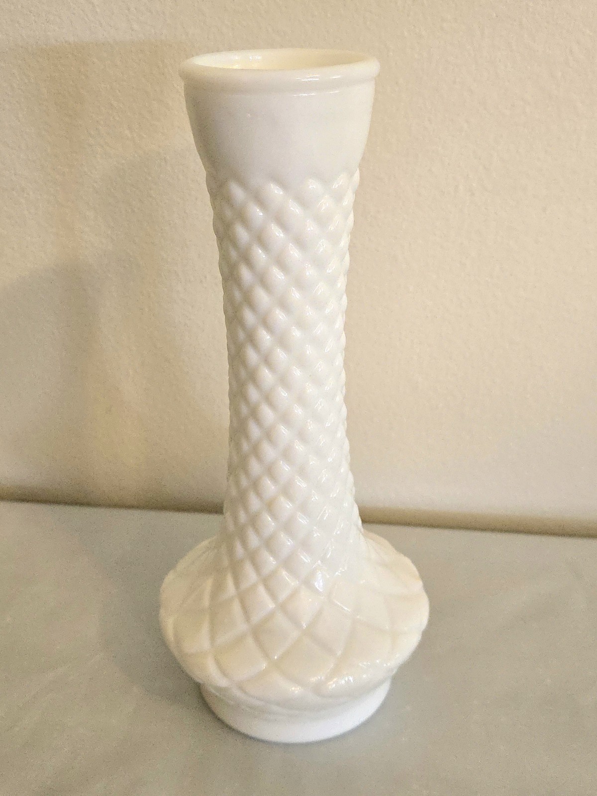 Vintage  White Randall Milk Glass Diamond Quilted Pattern Flower Bud Vase 9\