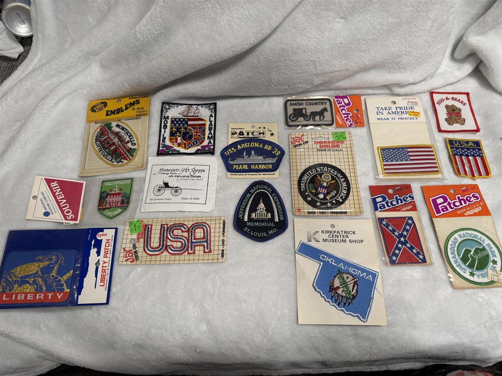 VINTAGE EMBROIDERED PATCH LOT OF 14 USA LIBERTY OKLAHOMA PEARL HARBOR AMISH