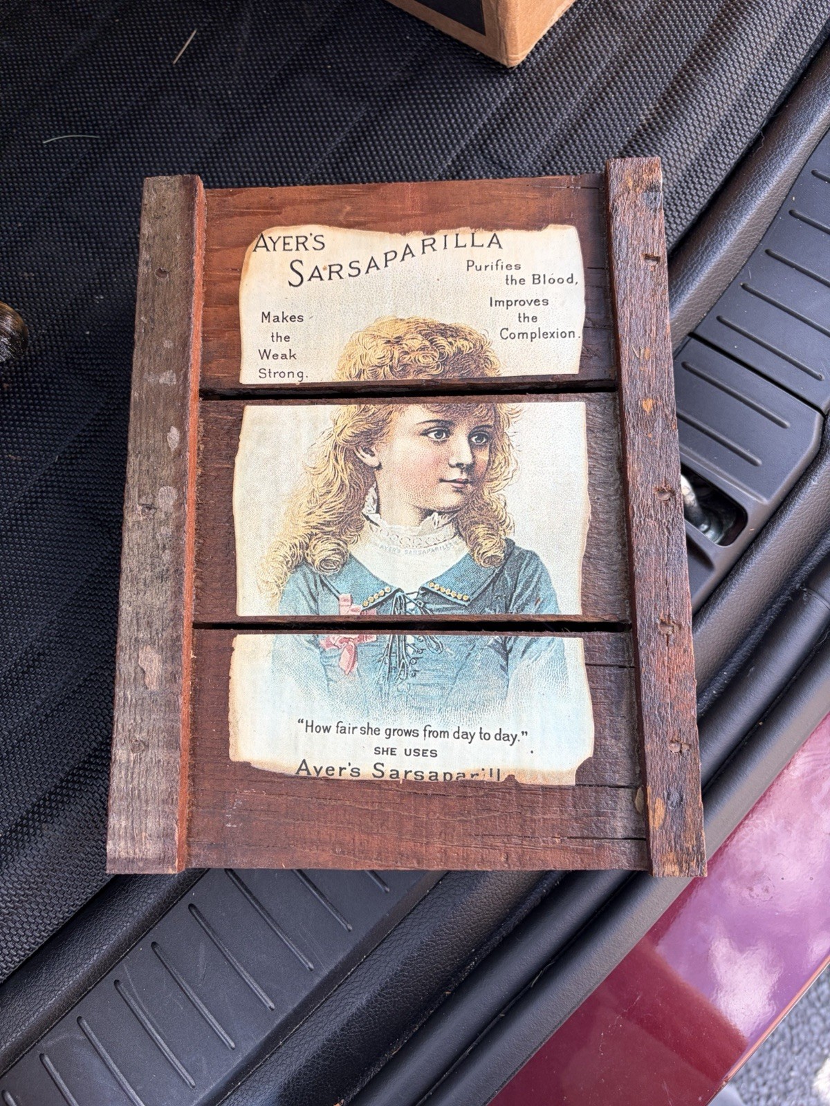 AYER'S SARSAPARILLA ROOT BEER AD VINTAGE DECOUPAGE ON CRATE WOOD
