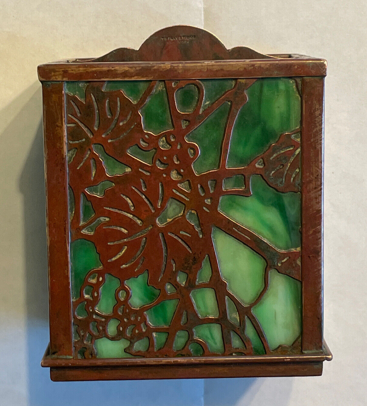 Antique Tiffany Studios NY Grapevine Pattern Double Deck Card Case w/Green Glass