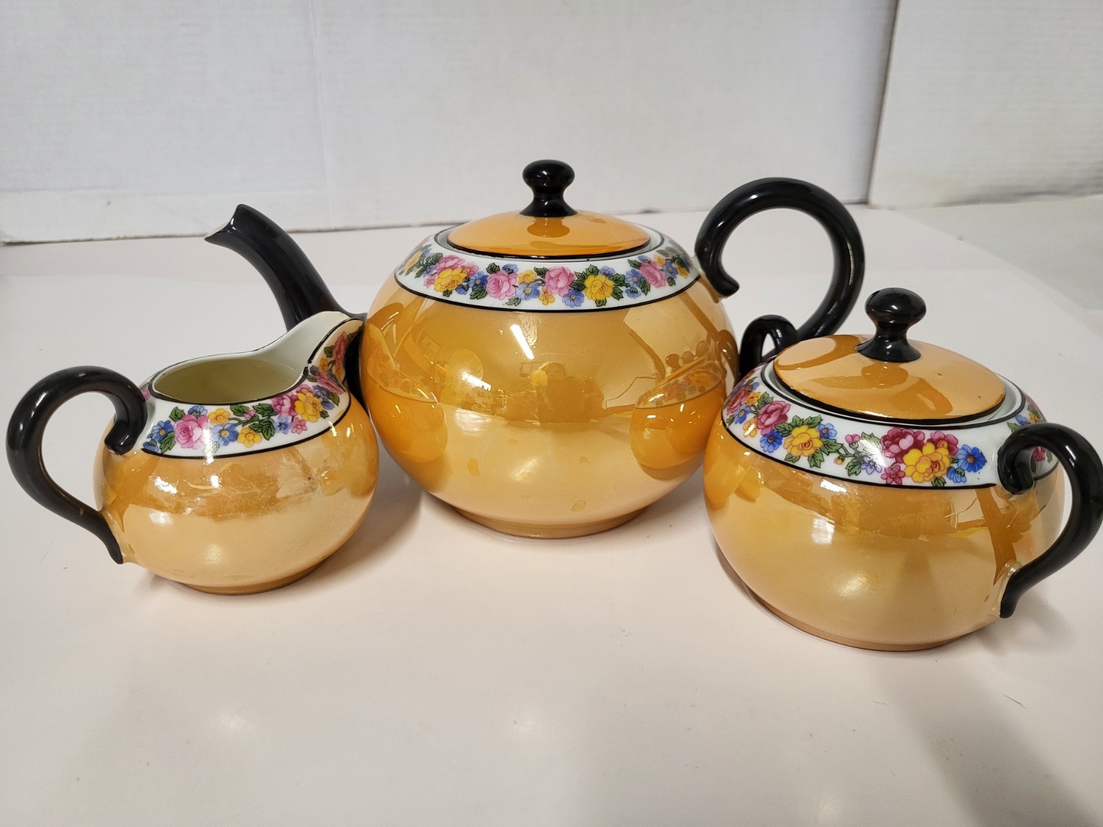 Antique Vintage H J Co Bavaria Bone China Peach Floral Lusterware Teapot Set