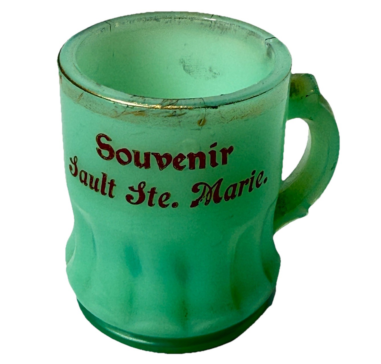 SAULT STE MARIE MICHIGAN MI Uranium Antique Custard Glass Souvenir JADE MUG CUP SAULT STE MARIE MICHIGAN MI Uranium Antique Custard Glass Souvenir JADE MUG CUP