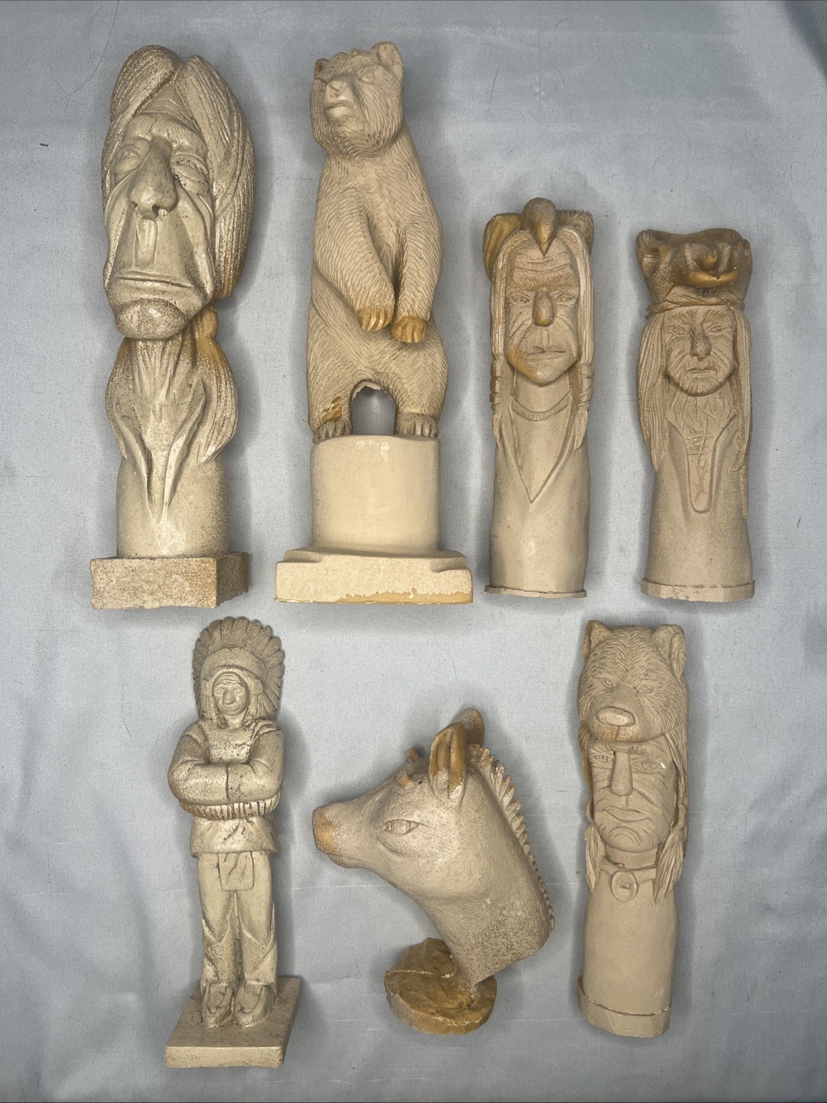 Vintage 90s Unpainted Resin Native American Indian Figurines Lot Of 7 Signed BCW