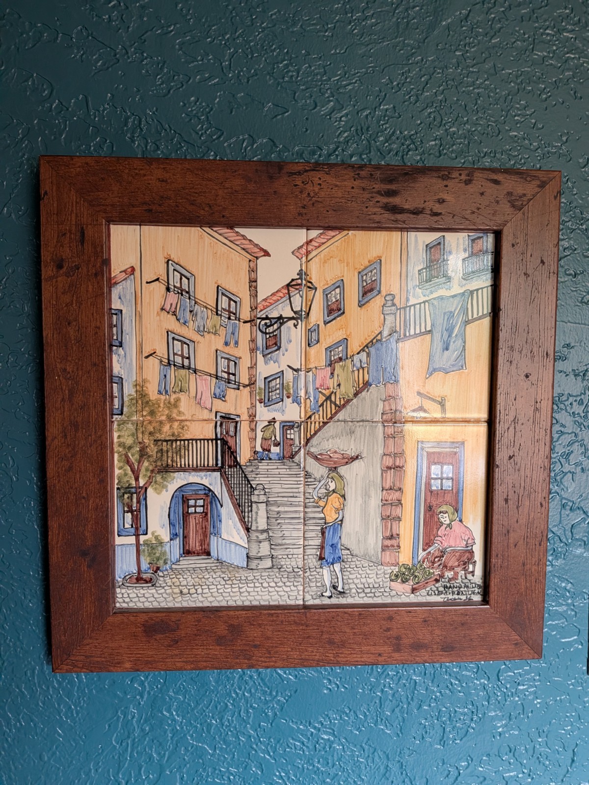Vintage Lisbon Portugal Framed Ceramic Tile Wall Art 15x15 Street Scene
