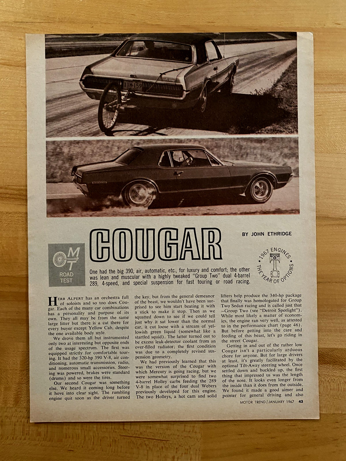 1967 Print Article Mercury Cougar 390 V8 289 V8 4 Speed With Specifications 4 Pg