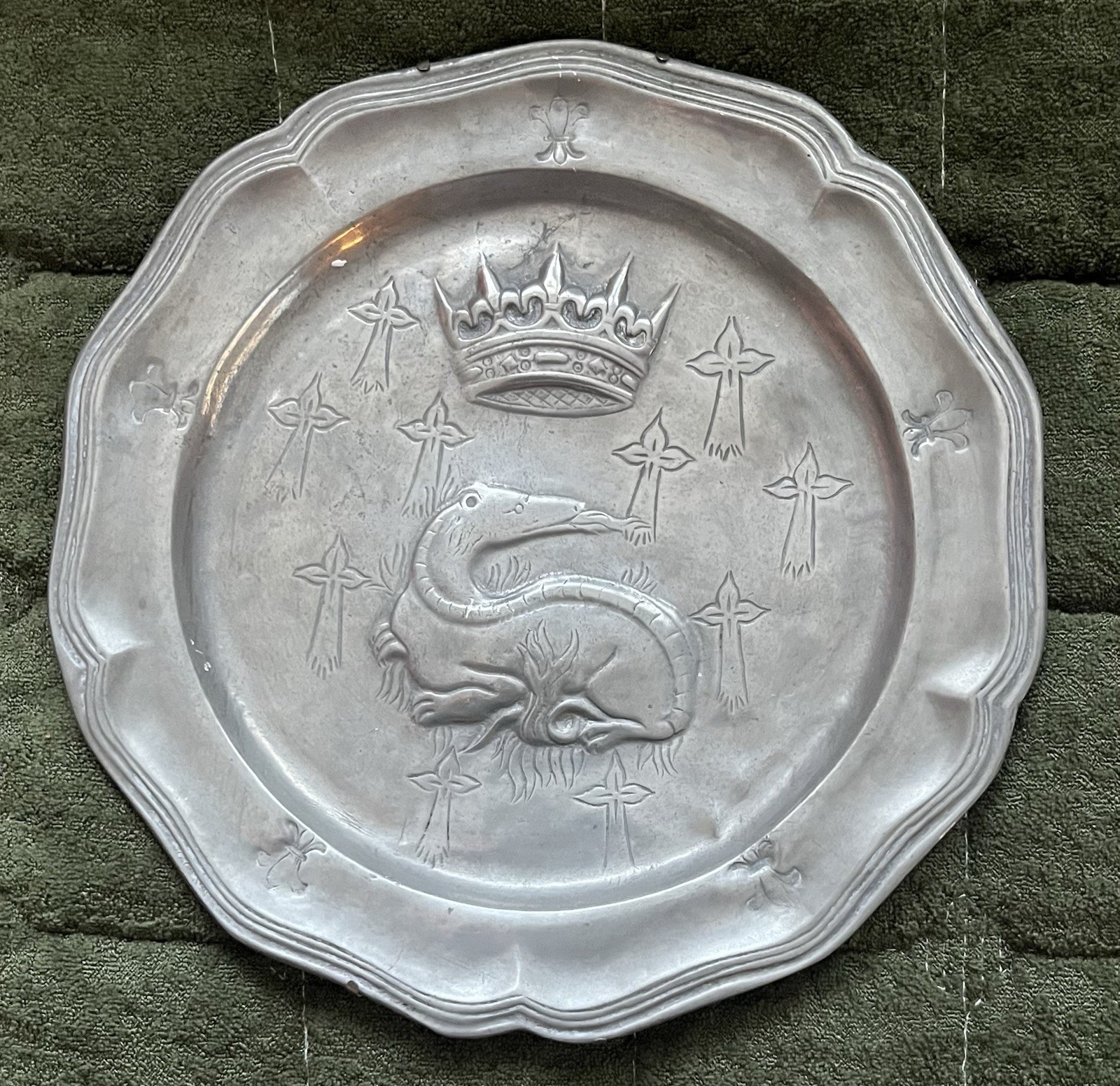Vintage French Titre Legal Pewter Plate Crested Salamander Crown King Hallmarks Vintage French Titre Legal Pewter Plate Crested Salamander Crown King Hallmarks