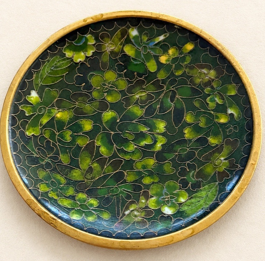 Vintage Chinese Cloisonné Green Floral Enamel Brass Wire Trinket Dish 4\