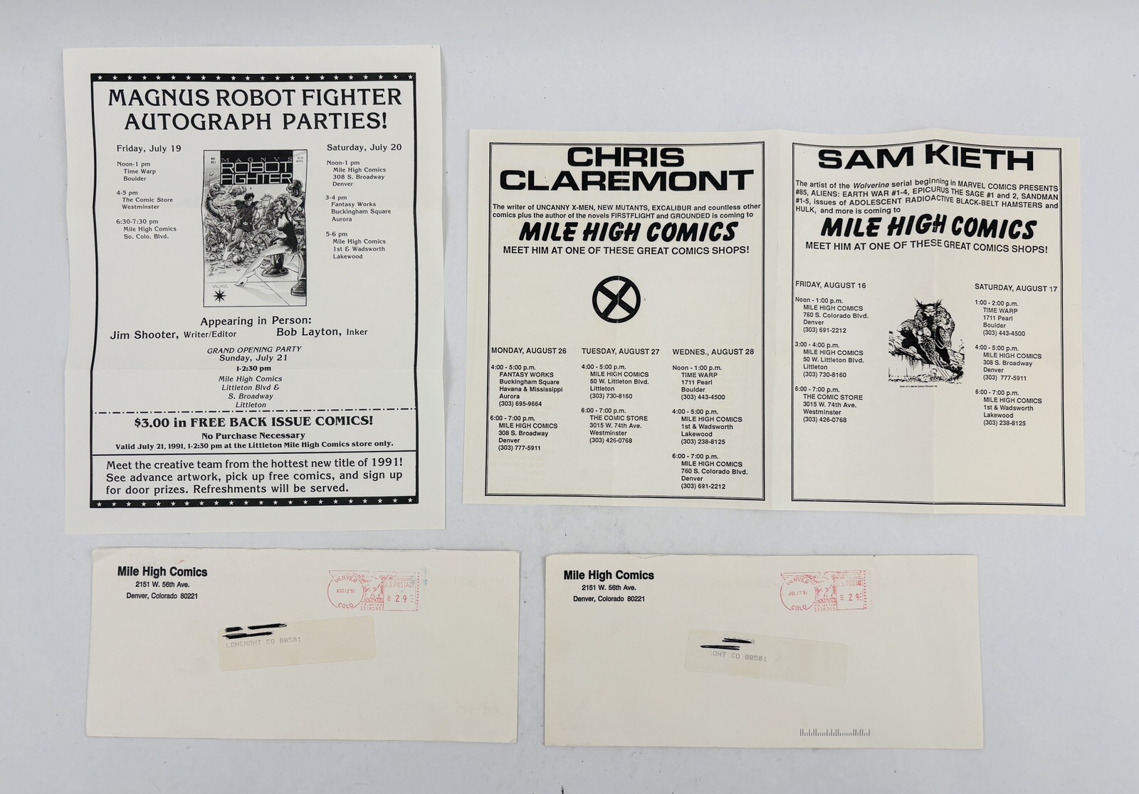 Vintage 1991 Mile High Comics Flyer Lot Chris Claremont Sam Kieth Magnus Valiant