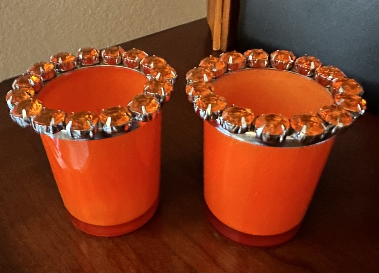 Vintage Pair Of MCM Hollywood Regency Glass Votive Holders W/Amber Rhinestones