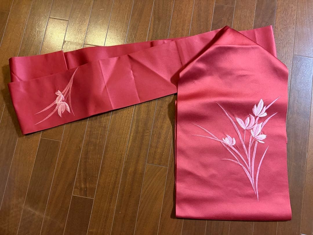 Vintage Nagoya Obi Red Embroidered Kimono Belt, Elegant Accessory