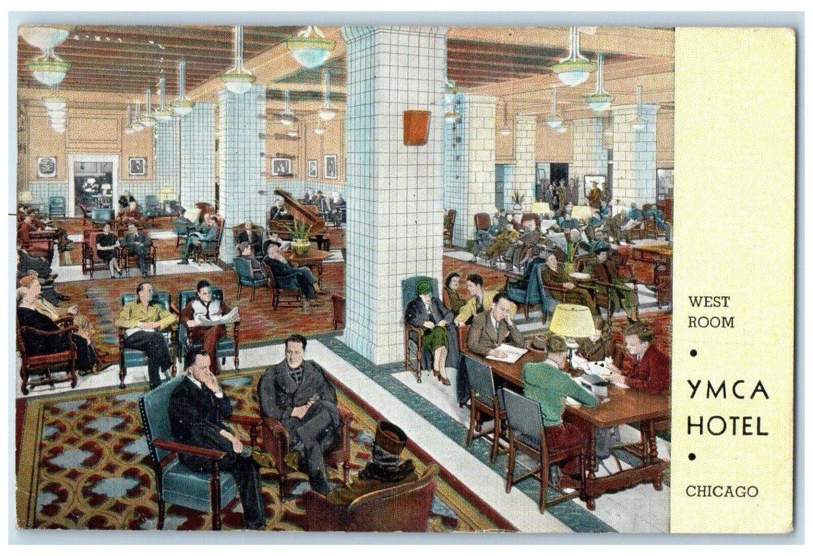 1940 YMCA Hotel Wabash Avenue Lounge Interior Chicago Illinois Vintage Postcard