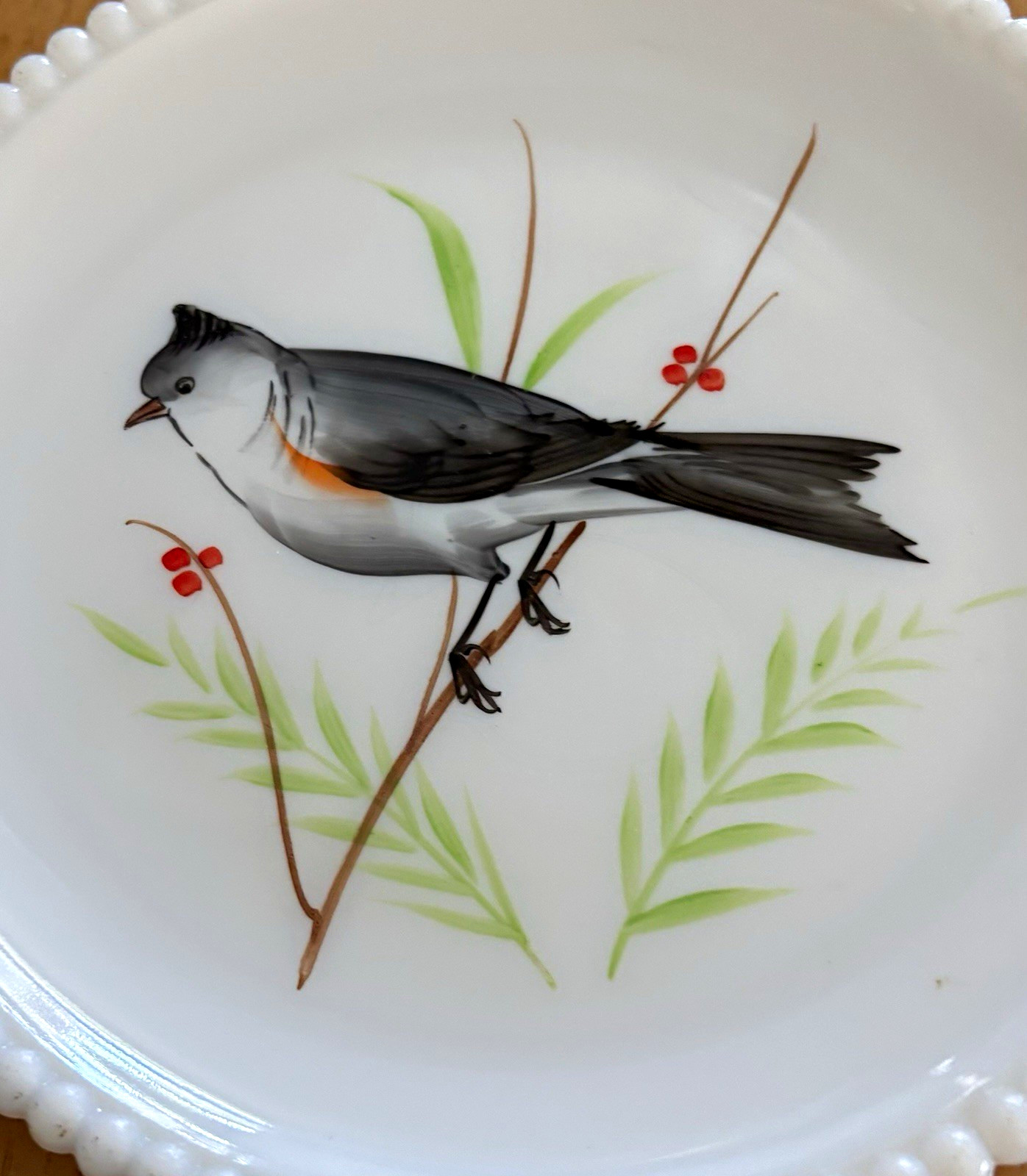 Westmoreland Beaded Edge Milk Glass Plate with Hand Painted Mockingbird   7 3/8”
