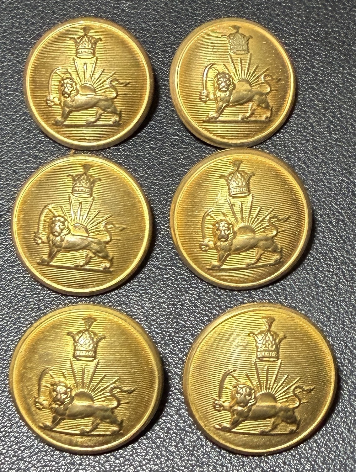 Set of 6 SPORRONG Pahlavi Iran Persia bronze military buttons, Crown Lion Sun