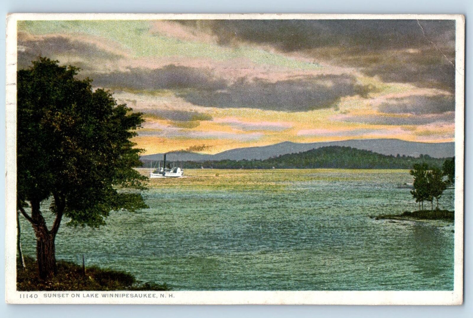 White Mountains New Hampshire NH Postcard Sunset On Lake Winnipesaukee 1915 Boat