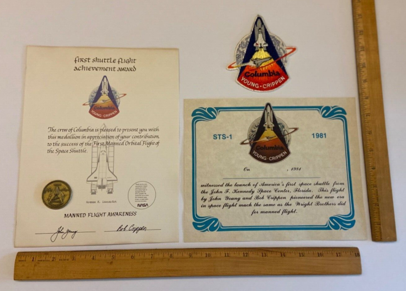 NASA STS-1 Columbia Lot 2 Employee Award Certificates Flown Metal Coin and Patch